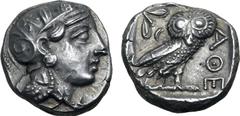 Greek Attica, Athens AR Tetradrachm. Circa 400/390-353 BC. Head of Athena to right, with profile eye, wearing crested Attic helmet ornamented with three olive leaves above visor and spiral palmette on