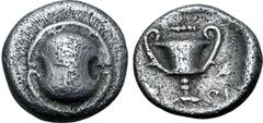 Greek Boiotia, Federal Coinage AR Hemidrachm. Thebes, struck under the First and Second Boiotian Leagues, circa 395-340 BC. Boiotian shield / Kantharos, horizontal club above; [Β]-ΟΙ across fields, iv