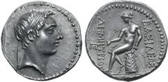 Greek Seleukid Empire, Demetrios I Soter AR Tetradrachm. Susa, 162-150 BC. Diademed head to right / Apollo Delphios seated to left on omphalos, testing arrow in his right hand, left hand holding tip o