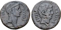 Roman Imperatorial Octavian and Divus Julius Caesar Æ Dupondius. Southern (?) Italian mint, circa 38 BC. CAESAR DIVI F, bare head of Octavian to right, with slight beard / DIVOS IVLIVS, wreathed head 