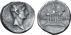 Roman Imperial Augustus AR Denarius. North Peloponnesian mint, 21 BC. AVGVSTVS, bare head to right / Hexastyle temple of Zeus at Olympia, seen from front, round shield in pediment and palmettes on roo
