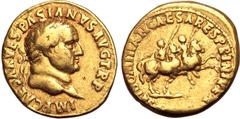 Roman Imperial Vespasian AV Aureus. Lugdunum, AD 71. IMP CAESAR VESPASIANVS AVG TR P, laureate head to right / [TITVS E]T DOMITIAN CAESARES PRIN IVEN, Titus and Domitian, each in military attire and h