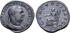 Roman Imperial Balbinus Æ Sestertius. Rome, AD 238. IMP CAES D CAEL BALBINVS AVG, laureate, draped and cuirassed bust to right / CONCORDIA AVGG, Concordia seated to left, holding patera and double cor