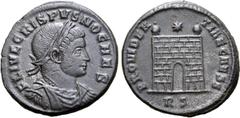 Roman Imperial Crispus, as Caesar, BI Nummus. Rome, AD 324-325. FL IVL CRISPVS NO CAES (sic), laurate, draped and cuirassed bust to right / PROVIDENTIAE CAESS, camp gate with two turrets, no doors and