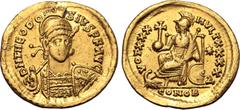 Maritime Theodosius II AV Solidus. Constantinople, AD 430-440. D N THEODOSIVS P F AVG, pearl-diademed, helmeted and cuirassed bust facing slightly to right, holding spear and shield decorated with hor