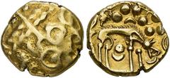SINCONA BRITISH COLLECTION – PART 5. GREAT BRITAIN. CELTIC COINS. East Anglian Region. Iceni / Rulers unknown Gold Stater. Norfolk Wolf Right Type. Wreath, cloak and crescents. Rv. Wolf right, jaws op