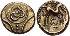 SINCONA BRITISH COLLECTION – PART 5. GREAT BRITAIN. CELTIC COINS. East Anglian Region. Iceni / Rulers unknown Gold Stater. Freckenham Flower, Two Wheels Type. Large three-petal flower with central pal