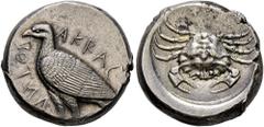 THE GARRULUS COLLECTION. SICILY. Akragas. Tetradrachm c. 460 BC. (17.49 g, 4 h) AKPAC - ANTOS Eagle standing left, with closed wings. Rv. Crab, shell resembling human face. Westermark 349.4 (this coin