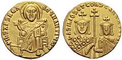 THE BYZANTINE EMPIRE Basil I, 867-886, with Constantine. Solidus. Christ enthroned facing. Rev. Basil in loros and Constantine in chlamys, both crowned and facing, holding patriarchal cross. 4,47 g. S