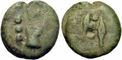 ANCIENT COINS ROMAN REPUBLIC Anonymous. Quadrans (Aes Grave) 280/276, Rome. Hand, on l. three pellets. Rev. Two barley grains, three pellets inbetween. xx,xx g. Cr. 14/4. Syd. 39. Light green patina. 