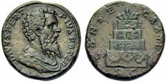 ANCIENT COINS ROMAN EMPIRE Septimius Severus, 193-211 For Divus Pertinax. Sestertius 193, Rome. DIVVS PERT - PIVS PATER Bare-headed and draped bust to r. Rev. CONSE-CRATIO / S C Funeral pyre surmounte