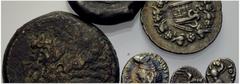 ANCIENT COINS LOTS Greek World Gallia. 2 Celtic hemidrachms. Syracuse. Aes. Pergamon. Cistophoric Tetradrachm. Ptolemies. Large aes. Rome. Titus. Quadriga denarius (shaved). Very fine. (6)