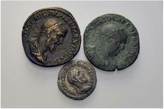 ANCIENT COINS LOTS Roman Empire Balbinus, 238. 1 Sestertius. Pupienus, 238. 1 Denarius. 1 Sestertius. Fine-about very fine. (3)