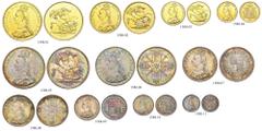 GROSSBRITANNIEN. Königreich. Victoria, 1837-1901. Specimen Set 1887, London. Jubilee Coinage. Gold 5 Pounds, 2 Pounds, Sovereign and Half Sovereign. Silver Crown, Double Florin, Half Crown, Florin, Sh