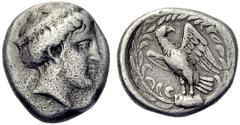 Ancient Coins COINS OF THE GREEK WORLD Elis Olympia. Stater c. 360. Head of Hera to r., wearing a stephane inscribed FALE(IWN), (F-A) below. Rev. Eagle standing to l. on rock, its head turned to r. wi