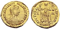 Ancient Coins ROMAN EMPIRE Valentinian III. 425-455. Solidus, Rome. D N PLA VALENTI - NIANVS P F AVG Rosette-diademed, draped, cuirassed bust to r. Rev. VICTORI - A AVGGG Emperor standing facing, hold