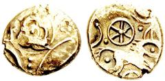 CELTIC COINAGE BRITANNIA Iceni Freckenham Type. Red gold stater 45/40. Trefoil on ornament. Rev. Horse to r., wheel above and below. Crescent on l. 5.46 g. Van Arsdell 626-627. ABC 1432. Tight flan. D