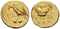 COINS OF THE GREEK WORLD SICILY Akragas 2 Litrae (gold diobol) c. 406. Silanos, magistrate. Eagle standing to l. with serpent clasped in its talons, on rock outcrop; two pellets (mark of value) on roc