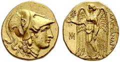 COINS OF THE GREEK WORLD MACEDONIAN EMPIRE Alexander III, 336-323. Gold stater 295/275, Miletus. Posthumous issue. Head of Athena to r. wearing Corinthian helmet. Rev. AΛEΞANΔΡOΥ Nike standing to l., 