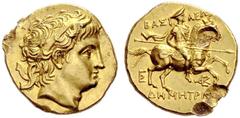 COINS OF THE GREEK WORLD MACEDONIAN EMPIRE Demetrios I Poliorketes, 306-283. Gold stater 290/289, Amphipolis. Diademed and horned head of Demetrios to r. Rev. BAΣI - ΛEΩ(Σ) Macedonian horseman canteri