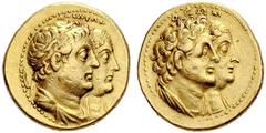 COINS OF THE GREEK WORLD PTOLEMAIC KINGDOM Ptolemy II, 285-246. Gold octodrachm (Mnaieion) c. 273, Alexandria. AΔEΛΦΩN Busts of Ptolemy II, diademed and wearing chlamys, and Arsinoe II, diademed and v