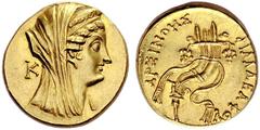 COINS OF THE GREEK WORLD PTOLEMAIC KINGDOM Period of Ptolemy VI and Ptolemy VIII. c. 180 - 116. Gold octodrachm (Mnaieion) c. 134. Veiled head of Arsinoe II to r., Lotus sceptre behind bust. K on l. R