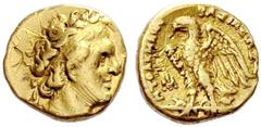 COINS OF THE GREEK WORLD CYRENAICAN KINGDOM Magas, 276-250. Gold 1/10th pentadrachm n. d. (276/250), Cyrene. In the name of Ptolemy I. Head of Ptolemy I with diadem to r. Rev. BAΣIΛEΩΣ ΠTOΛEMAIΩΣ Eagl