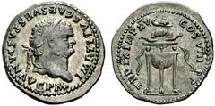ROMAN COINS ROMAN EMPIRE Titus, 79-81. Denarius 80, Rome. IMP TITVS CAES VESPASIAN AVG PM Laureate head to r. Rev. TRP IX IMP XV COS VIII PP Dolphin on tripod. 3.54 g. RIC 128. C. 321. Very fine-extre