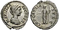 ROMAN COINS ROMAN EMPIRE Caracalla, 198-217. For Plautilla. Denarius 202, Rome. PLAVTILLA - AVGVSTA Draped bust to r. Rev. CONCORDIA - AVGG, Concordia with patera and sceptre to l. 3.74 g. RIC 363(a).