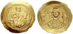 BYZANTINE EMPIRE Constantinus IX, 1042-1055. Histamenon nomisma (solidus) n. d., Constantinople. Christ enthroned facing on lyre-backed throne, wearing cross nimbus, pallium and colobium. He raises r.