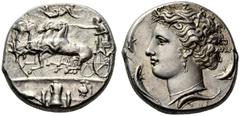 COINS OF THE GREEK WORLD SICILY Syracuse Decadrachm 405/400. Signed by Euainetos. Charioteer driving galloping quadriga to l. and holding kentron in r. hand, reins in left. Nike flying above and crown