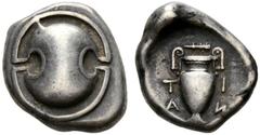 COINS OF THE GREEK WORLD BOEOTIA Thebes Stater 395/338. Boeotian shield. Rev. Amphora between T - I / A - N (inverted). 11.87 g. BMC 113 var. Fine toning. Good very fine. Ex Auction Dr. Busso Peus Nac