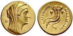 COINS OF THE GREEK WORLD PTOLEMAIC KINGDOM Ptolemy II, 285-246. Gold octodrachm (Mnaieion) 253/246, Alexandria. Veiled head of deified Arsinoe II, (wife of Ptolemy II, died 270) to r., wearing stephan
