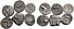 CELTIC COINAGE HELVETIA Lots Aedui. Quinar. LT 5138. Lingones, 2 quinars. LT 8178. Durotriges. Silver fraction. Volcae Tectosages. Drachm. LT 3254. Sequani. Quinar LT 5405/5411. Fine-about very fine.(