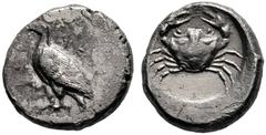 COINS OF THE GREEK WORLD SICILY Akragas Didrachm 480/470. AK - PA Eagle standing to l. Rev. Crab; all within incuse circle. 8.24 g. Hoover 97. Jenkins 1970, Group IV. Obv. somewhat weak. About very fi