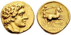 COINS OF THE GREEK WORLD MACEDONIAN EMPIRE Alexander III, 336-323 Gold stater mid-3rd century (250), unknown mint. Title Philip of Macedonia. Head of Apollo, laureate, to r. Rev. Biga driven by Nike t