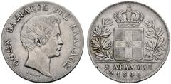 GRIECHENLAND Otto, 1832-1862. 5 Drachmen 1844, Athen. 22.30 g. Divo 10d. KM 20. Sehr schön.