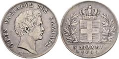 GRIECHENLAND Otto, 1832-1862. 5 Drachmen 1844, Athen. 22.09 g. Divo 10d. Dav. 115. Sehr schön.