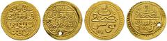 OTTOMAN TUNIS Ahmed III (1115-1143ah / 1703-1730ce) Lot of 2 – apparently unpublished – gold coins: a. ¼ sultani 1128ah (1715ce) -unc (w/plugged hole, scratches, 70% gold content), 0.78g b. ¼ sultani 