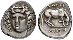 COINS OF THE GREEK WORLD THESSALY. Larissa. Drachm 365/356. Obv. Head of the nymph Larissa facing slightly left, with hair in ampyx. Rev. Horse to r., preparing to lie down; ΛAPIS-AIΩN above and below