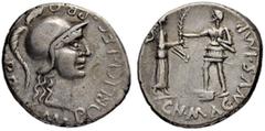 ROMAN REPUBLIC Cnaeus Pompeius Magnus. Denarius 46/45, Colonia Patricia (Cordoba). With M. Poblicius, legatus pro praetore, Cordoba. M.POBLICI.LEG.PRO. - PR Helmeted head of Roma to right. Rev. CN.MAG