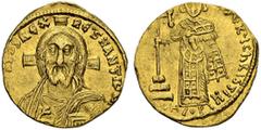 BYZANTINE EMPIRE Justinianus II, 1st Reign, 685-695. Solidus 692/695, Constantinopolis. Officina H. Obv. Bust of Christ with full beard and long hair facing, cross behind head, wearing pallium and col