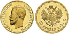 RUSSIA. RUSSIAN EMPIRE. Nicholas II. 1894-1917. 10 Roubles 1901, St. Petersburg Mint, AP. 8.59 g. Bitkin 9. Very rare as a proof! Scratches on the obverse, otherwise attractive and lustrous uncirculat