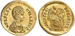 COINS OF THE GREEK WORLD. ROMAN EMPIRE. Theodosius I. 379-395. For Aelia Flaccila. Solidus 383-387, Constantinople. AEL FLAC - CILLA AVG. AEL FLAC - CILLA AVG Draped bust right, wearing elaborate head