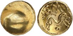 CELTIC COINAGE. BELGICA. Gold stater 60/50 BC. Blank bulge. Rv. Stylized horse between pellets and crescents. 6.29 g. Delestrée/Tache. Scheers 154. De la Tour 8710. SCBC 11. Extremely fine. (~€ 525/US