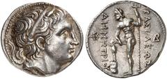 COINS OF THE GREEK WORLD. MACEDONIAN EMPIRE. Demetrios I Poliorketes, 306-283. Tetradrachm c. 291-290 BC, Amphipolis. Diademed and horned head of Demetrios I to right. Rv. ΒΑΣΙΛΕΩΣ - ΔΗΜΗΤΡΙΟΥ Poseido