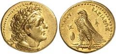 COINS OF THE GREEK WORLD. PTOLEMAIC KINGDOM. Ptolemy II Philadelphos, 285-246 BC. Gold Pentadrachm (Trichryson) c. 285-261/0 BC, Alexandria. Diademed head of Ptolemy I to right, wearing aegis around n