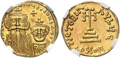 BYZANTINE EMPIRE. Constans II, 641-668, with Constantinus IV. Solidus c. 654-659 BC, Constantinople. d N CONSTANTINЧS C CONSTATI Crowned and draped bust of Constans II facing, with long beard and whis