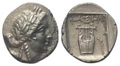 Greek Lykien. Lykischer Bund. Drachme (Silber). Ca. 88 - 84 v. Chr. Phaselis. Vs: Kopf des Apollon mit Lorbeerkranz und Köcher mit Bogen über der Schulter rechts. Rs: Kithara, darüber Ethnikon; im Fel