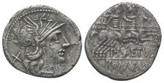 Roman Republican P. Aelius Paetus. Denar (Silber). 138 v. Chr. Rom. Vs: Kopf der Roma mit geflügeltem Helm rechts, dahinter Wertzeichen. Rs: P PAETVS / ROMA. Die Dioscuren mit eingelegten Lanzen zu Pf